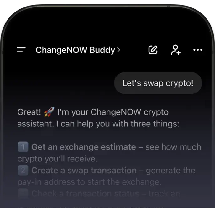 ChangeNOW Buddy chat listing exchange estimates, swap transactions, and transaction status