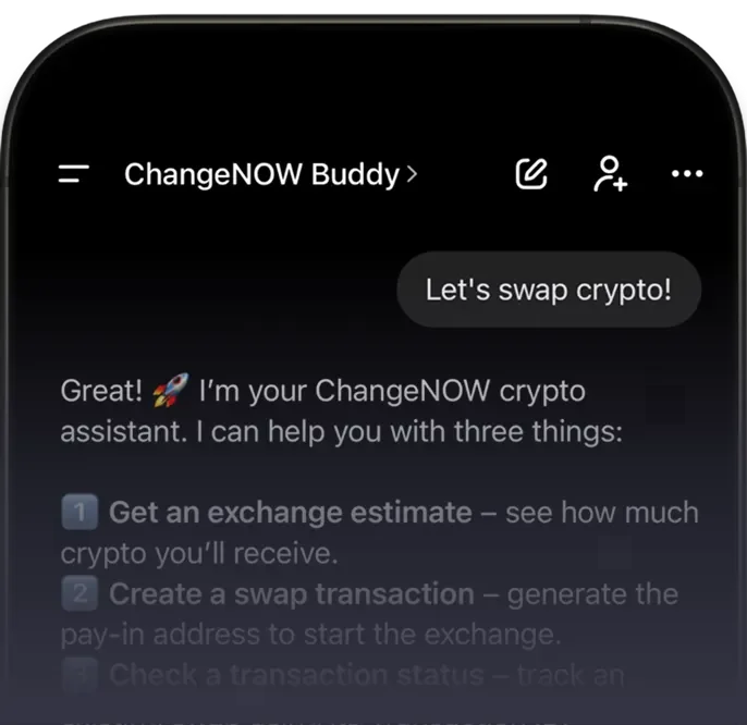 ChangeNOW Buddy chat listing exchange estimates, swap transactions, and transaction status checks